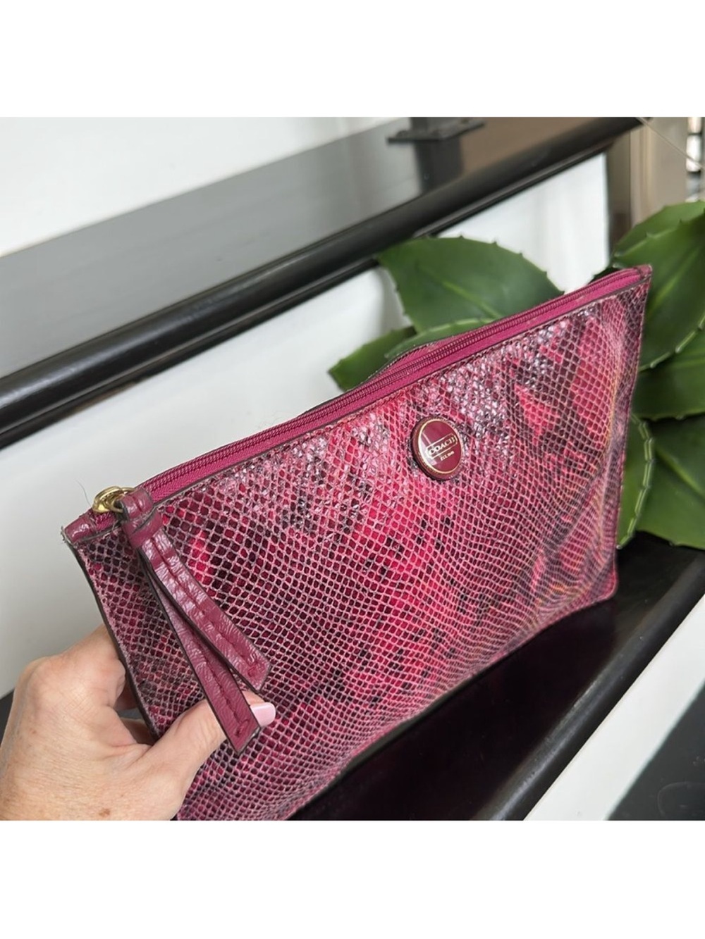 Coach Pink Snakeskin-Textured Zip Pouch
